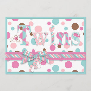 TWIN GIRLS Roze Aqua Brown Stip Baby shower Kaart
