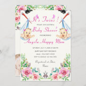 Twin Girls Schattige Funny Stork Baby shower Uitno (Voorkant / Achterkant)