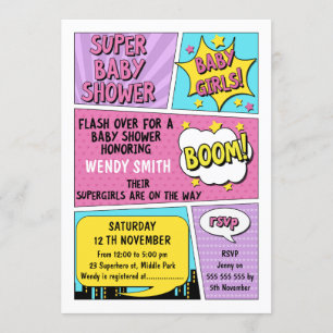 Twin Girls Superhero Baby shower Uitnodiging