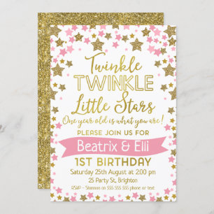 Twin Girls Twinkle Little Star Birthday Invitation Kaart