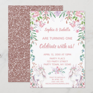 Twin Girls Unicorn Glitter First Birthday Kaart