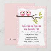 Twin Girls Verjaardagsfeestje Uitnodiging Uilen (Voorkant / Achterkant)