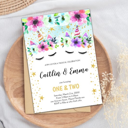 Twin Green Floral Unicorn Invitation Anniversaire