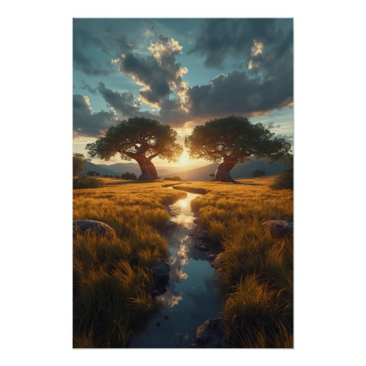 Twin Guardians – Golden Meadow Sunset Poster (Devant)