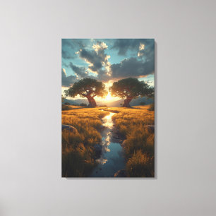 Twin Guardians – Gouden Weide Zonsondergang Canvas Afdruk