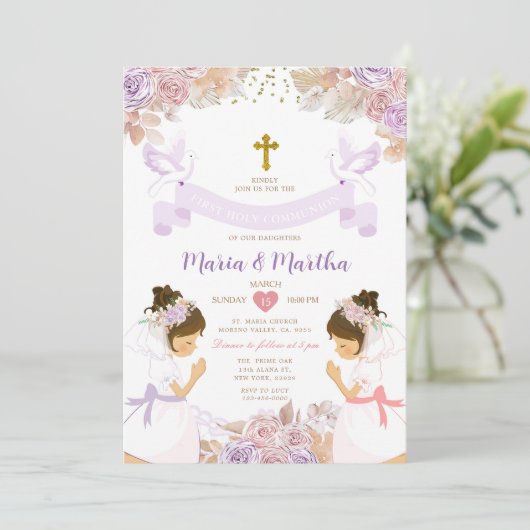 TWIN Meisje Eerste Heilige Communie Paars Roze Blo Kaart (Staand voorkant)