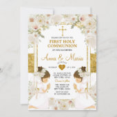 Twin Meisje Witte Bloem 1e Heilige Communie Kaart (Voorkant)