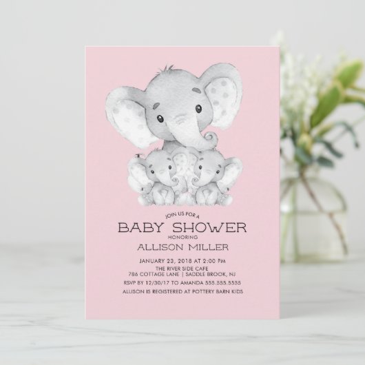 TWIN Meisjes Olifant baby shower Invitation Kaart (Staand voorkant)