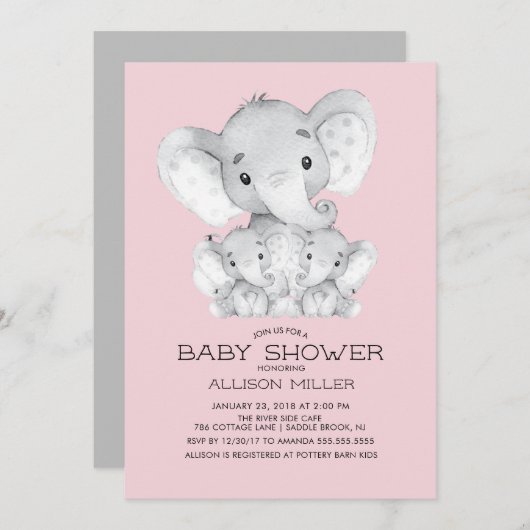 TWIN Meisjes Olifant baby shower Invitation Kaart (Voorkant / Achterkant)