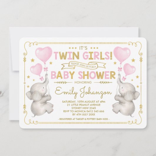 Twin Meisjes Olifant Baby shower Roze Goud Oerwoud Kaart (Voorkant)
