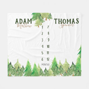Twin Milestone woodland baby growth tracker no-bg Fleece Deken