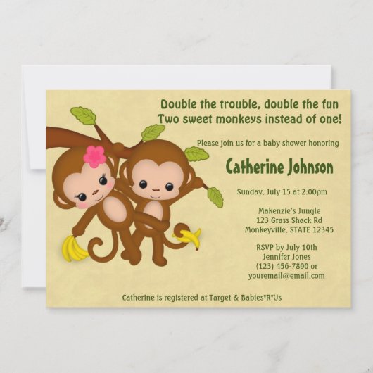 TWIN Monkeys Baby Shower Invitations GARDE FILLE (Devant)