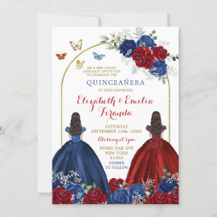 Twin Navy Blauw Rood Rose Prinsessen Quinceañera Kaart