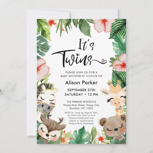 Twin Oerwoud Safari Tropisch groen Baby shower Kaart (Voorkant)