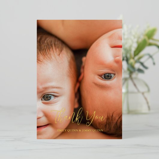 Twin Overjoyed Dank u foto geboorte aankondiging (Staand Voorkant)