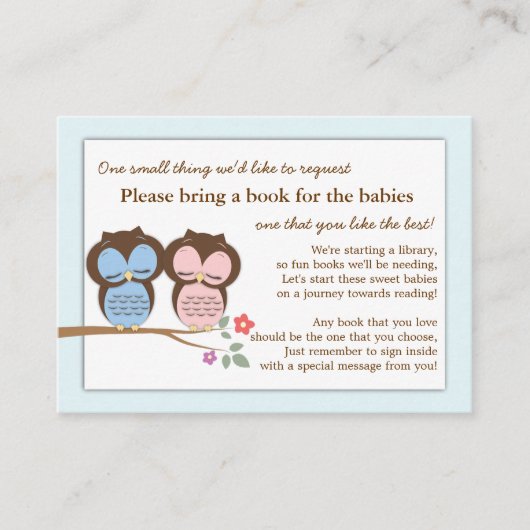 Twin Owl Baby shower Boek Insert Verzoek Kaart (Voorkant)