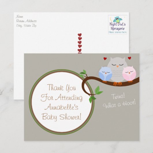 Twin Owls Boy & Girl Merci Carte postale (Devant / Derrière)