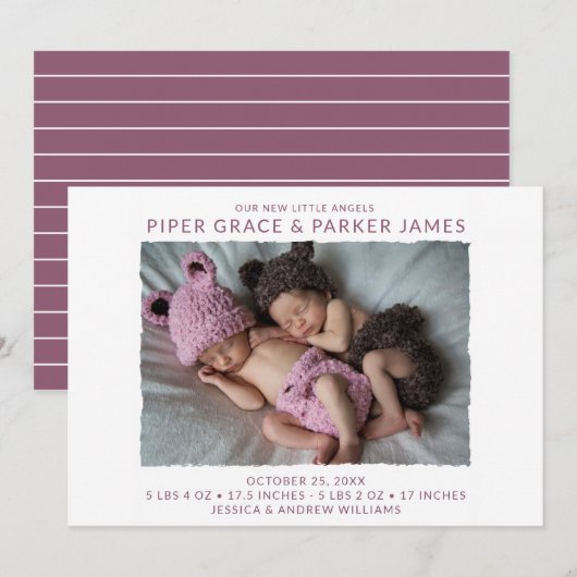 Twin Photo Birth Aankondiging (Voorkant / Achterkant)