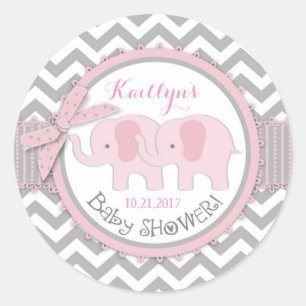 Twin Pink Elephants Grijs Wit Chevron Baby shower Ronde Sticker