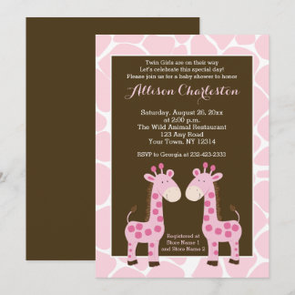 Twin Pink Giraffe Girl Twins Baby shower Invites Kaart