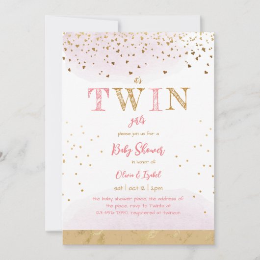 Twin Pink Gold Glitter Simple Baby Girl Shower Kaart (Voorkant)