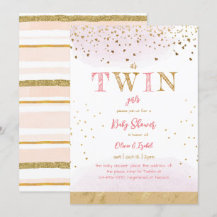Twin Pink Gold Glitter Simple Baby Girl Shower Kaart