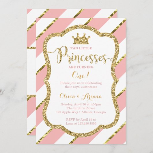 Twin Princesses Birthday Invitation, Pink, Gold Kaart (Voorkant / Achterkant)