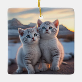 Twin Snowy Mountain Winter Kittens Keramisch Ornament