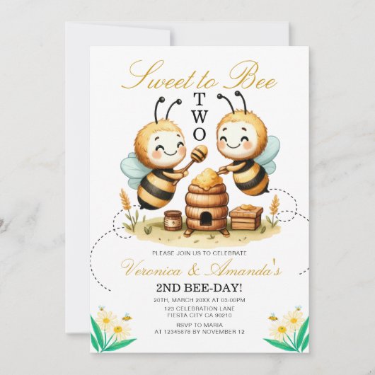 Twin Sweet to Bee Twee 2e verjaardagsfeestje Daisy Kaart (Voorkant)