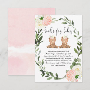 Twin teddy bears roze bloemenboeken baby's meisje informatiekaartje
