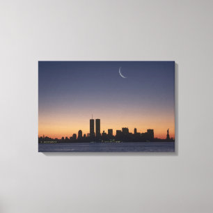 Twin Towers en Lady Liberty op Sunset Canvas Afdruk