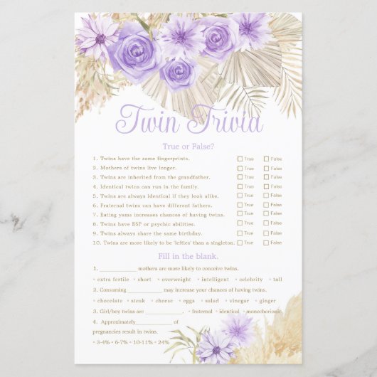 Twin Trivia Game Pampas Lavender Boho Baby shower (Voorkant)