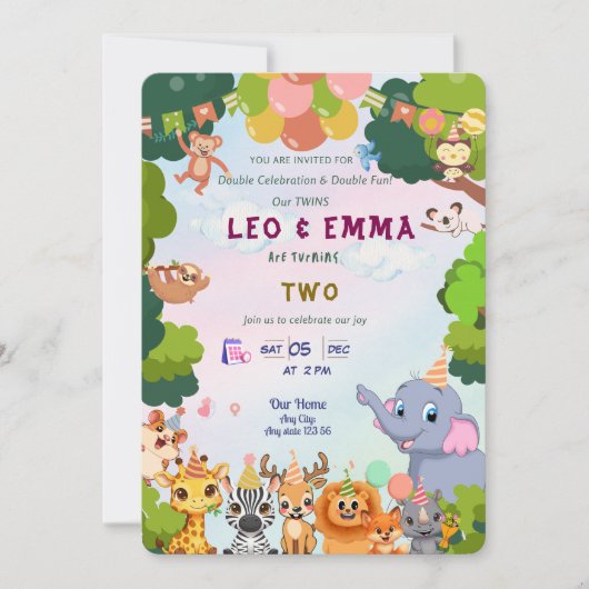 Twin Wild Animals Party Invitation (Devant)