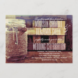 Twine Wrapped Mason Jar Heart Key Wedding Invites Kaart
