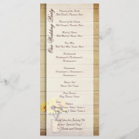 Twine Wrapped Mason Jar Sunflower Wedding Programs Programma (Achterkant)