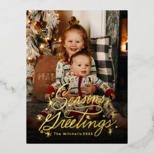 Twinking Hand Lettered Seasons Greetings Foto Folie Feestdagen Briefkaart