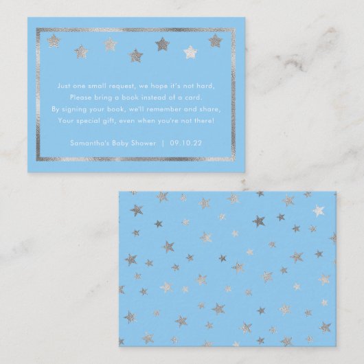 Twinkle Baby shower boekaanvraag, blauw zilver Informatiekaartje (Voorkant / Achterkant)