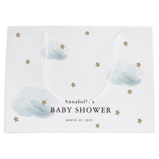 Twinkle Gold Stars & Blue Clouds Baby shower Groot Cadeauzakje (Voorkant)