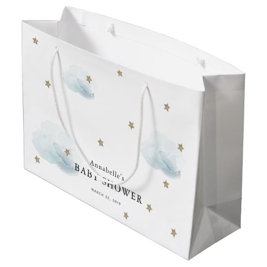 Twinkle Gold Stars & Blue Clouds Baby shower Groot Cadeauzakje (Achterkant Gekanteld)