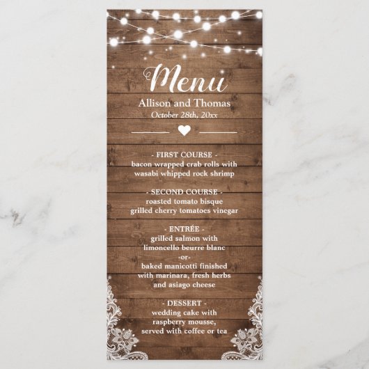 Twinkle Lights Lace Rustic Country Wood Weddenscha Menu (Voorkant)