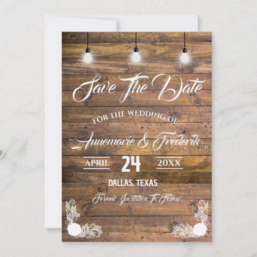 Twinkle Lights Rustic Wood Lace Save The Date (Voorkant)
