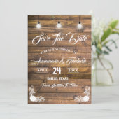 Twinkle Lights Rustic Wood Lace Save The Date (Staand voorkant)