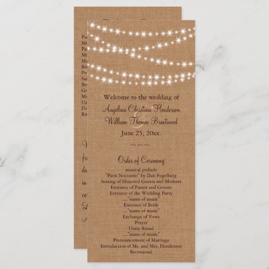 Twinkle Lights sur le programme de mariage Burlap (Devant / Derrière)