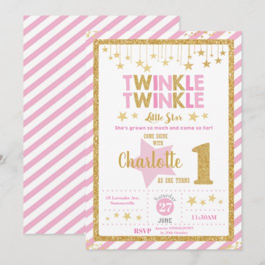 Twinkle Little Star 1er Birthday Invitation Girl (Devant / Derrière)