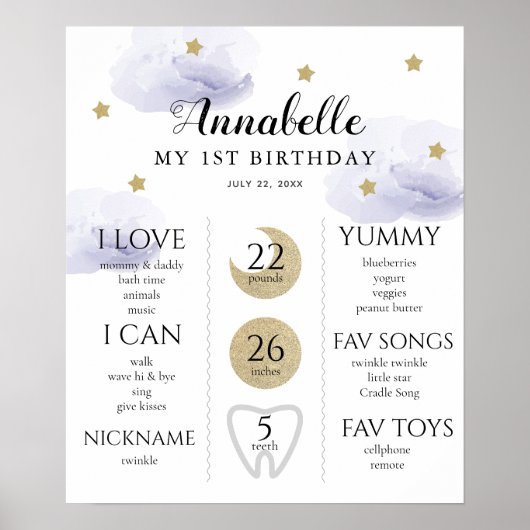 Twinkle Little Star 1st Birthday Milestone Paars Poster (Voorkant)