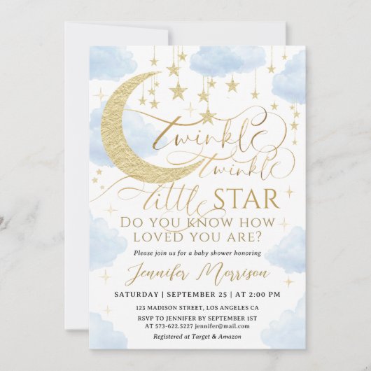Twinkle Little Star Baby Shower Jongen Blauw Goud Kaart (Voorkant)