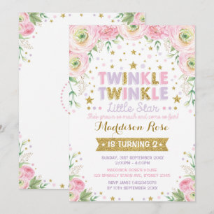 Twinkle Little Star Birthday Noite Pink Floral Kaart