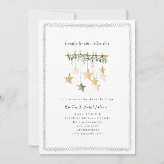 Twinkle Little Star Boho Neutral Green Baby Shower Kaart (Voorkant)