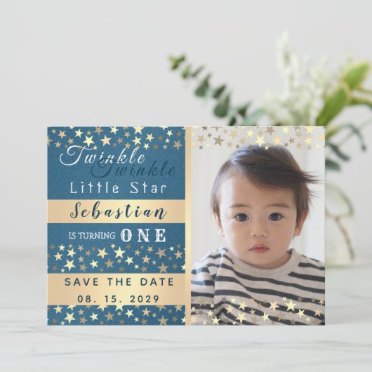 Twinkle Little Star Boy 1e verjaardag Save The Date (Staand voorkant)
