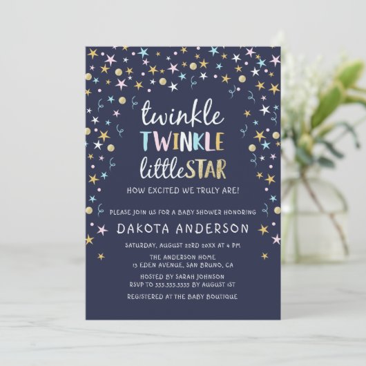 Twinkle Little Star Confetti & Blue Baby shower Kaart (Staand voorkant)